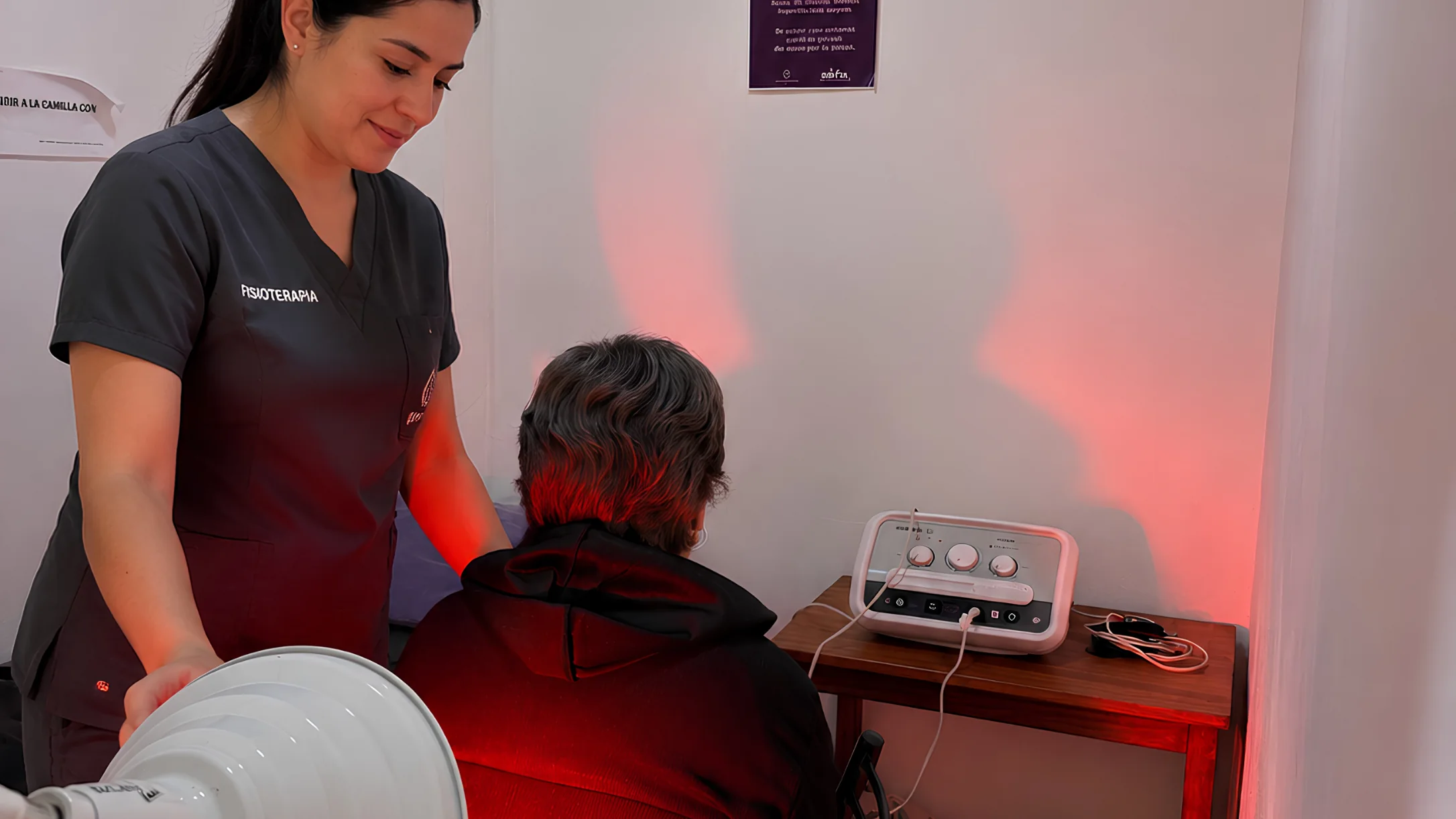Sesión de fisioterapia con lámpara de infrarrojo y electroterapia